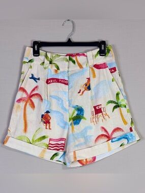 FARM Rio Tropical Linen Shorts Small Beach Print High Rise Tailored Fit